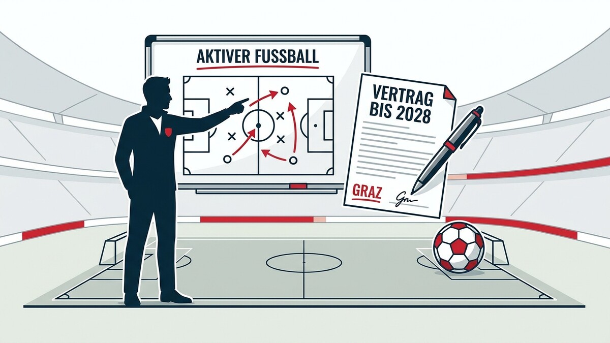 Fußballtrainer erklärt Spielzug an Taktiktafel neben Vertrag bis 2028 mit Unterschrift in Graz.