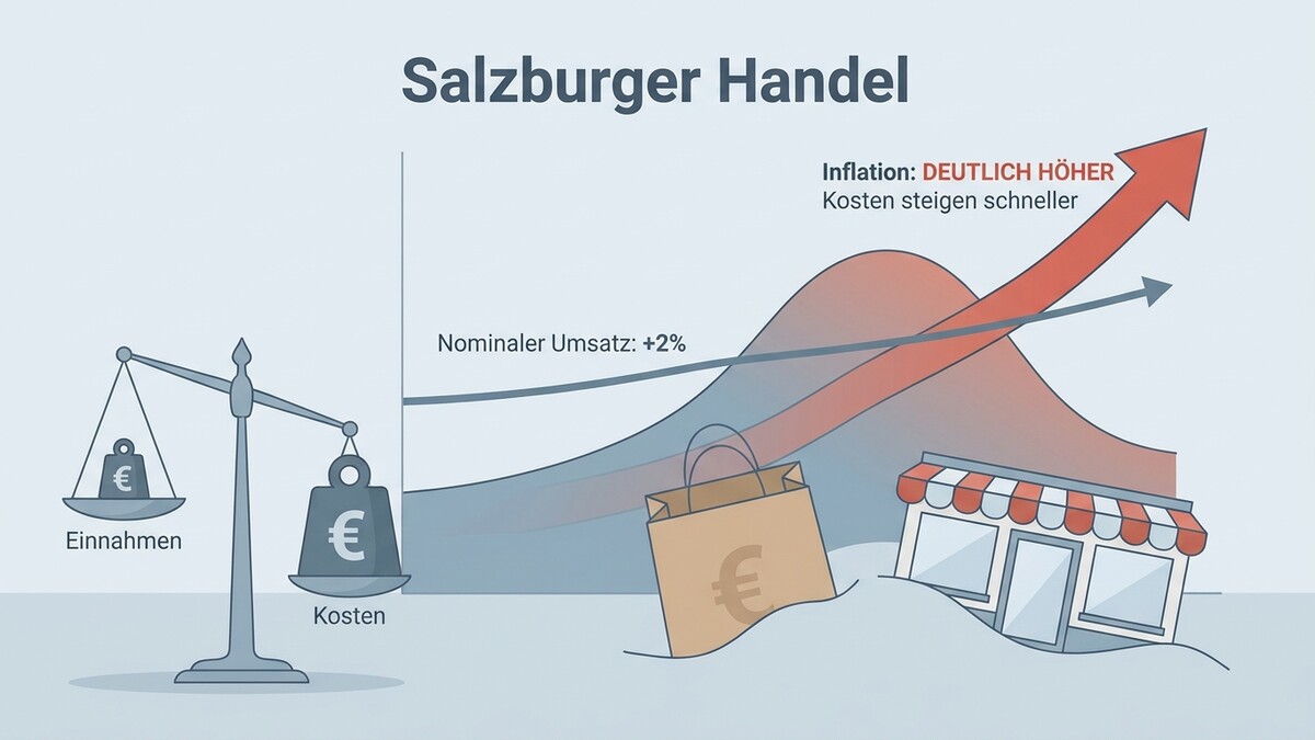 Salzburger Handel: Waage zeigt höhere Kosten als Einnahmen, Einkaufstasche und Geschäft sinken.