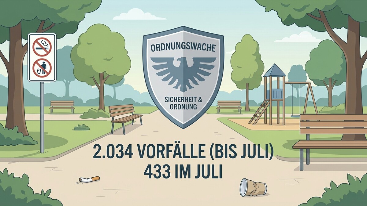 Ordnungswache-Wappen mit 2.034 Vorfällen (bis Juli) und 433 im Juli in einem Park mit Spielplatz