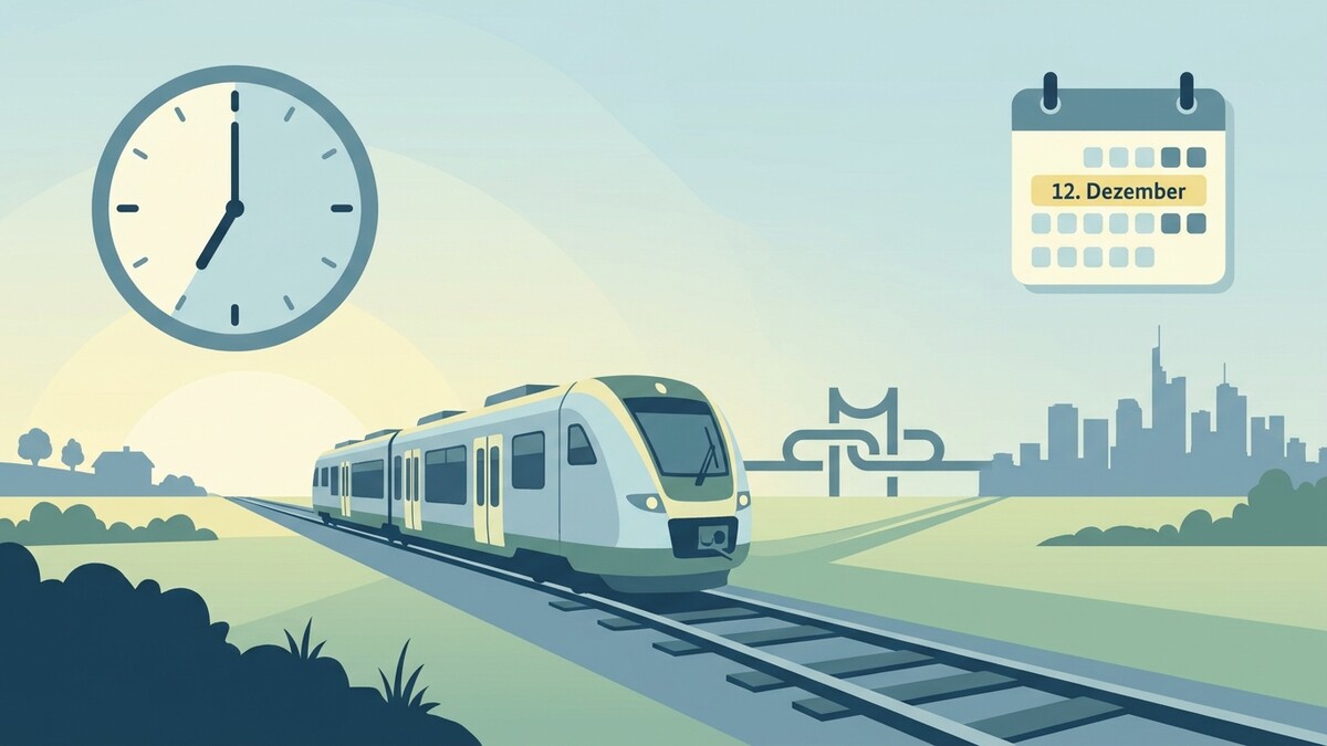 Zugfahrt am 12. Dezember, 7 Uhr, im Hintergrund Stadt und Land