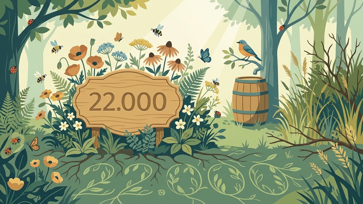 Holzschild mit 22.000 in blumiger Waldszene mit Vögeln und Insekten