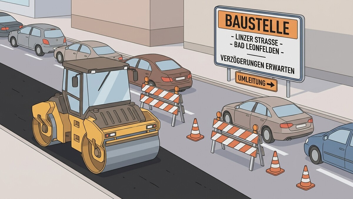 Baustelle Linzer Straße Bad Leonfelden mit Dampfwalze und Autos