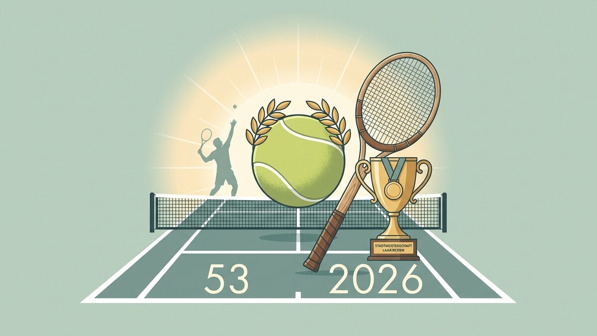 Tennis-Stadtmeisterschaft Laakirchen 2026: Pokal, Schläger, Ball und Spieler
