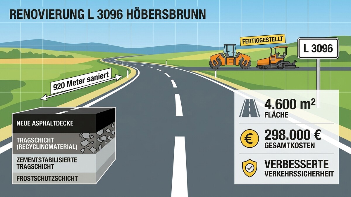 Renovierung L 3096 Höbersbrunn: Neue Asphaltdecke, 920m saniert, 4600m² Fläche, 298.000€ Kosten