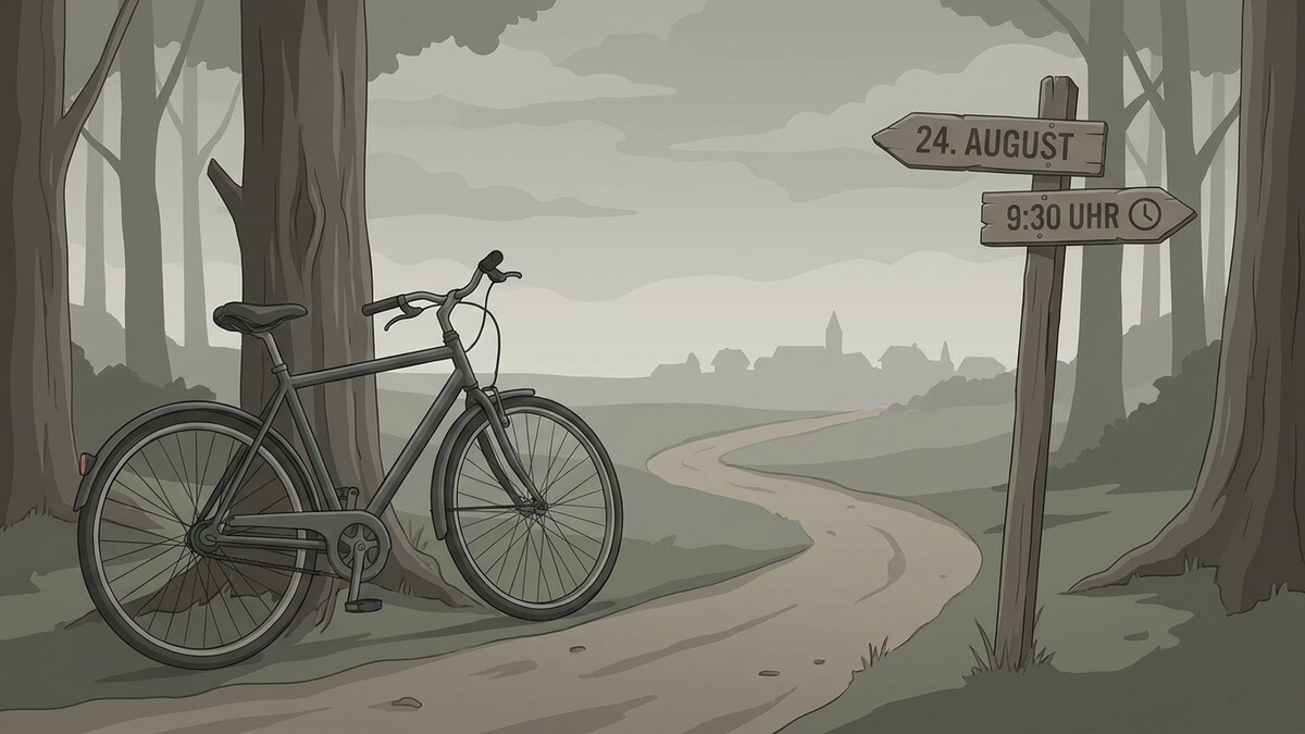 Fahrrad im Wald neben Wegweiser mit Datum 24. August und Uhrzeit 9:30 Uhr.