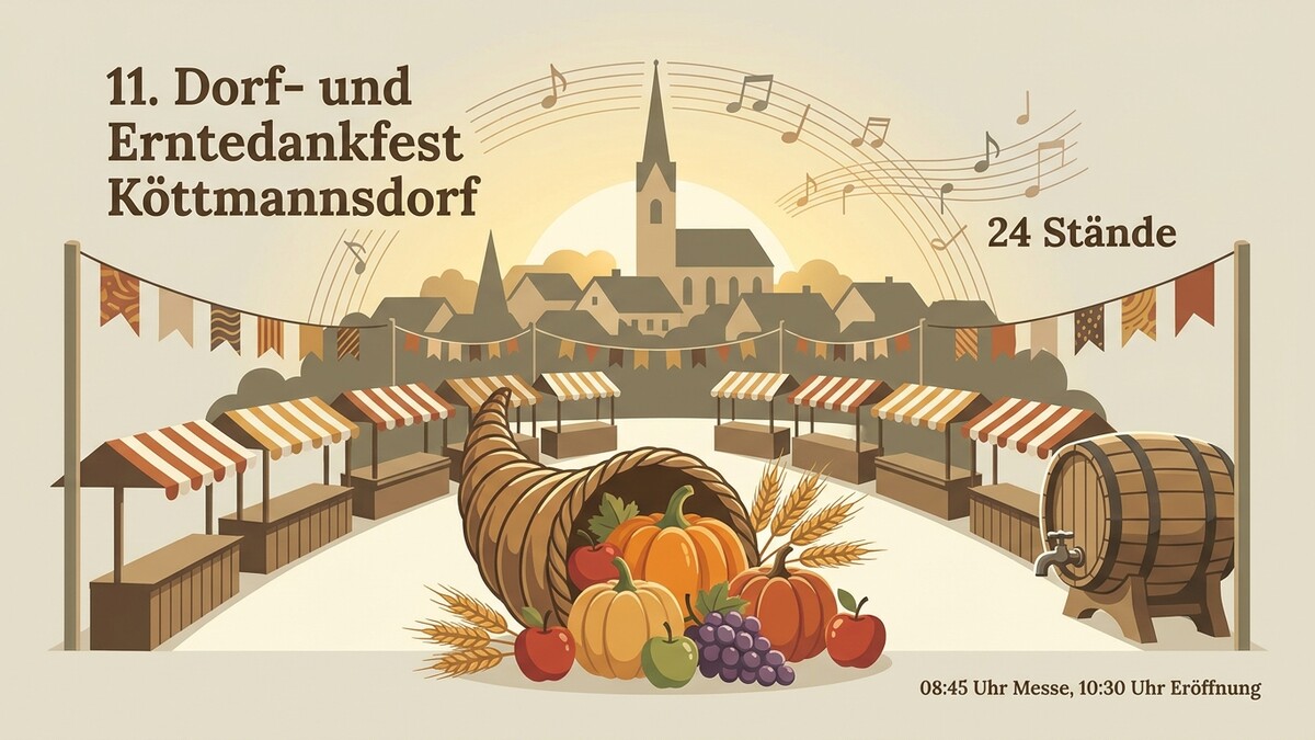 Erntedankfest Köttmannsdorf mit Marktständen, Füllhorn und einem Holzfass