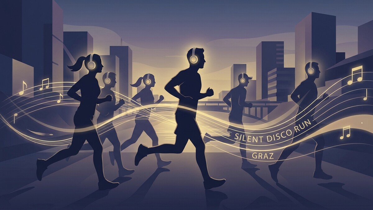 Silent Disco Run Graz: Silhouetten von Läufern mit Kopfhörern in der Stadt