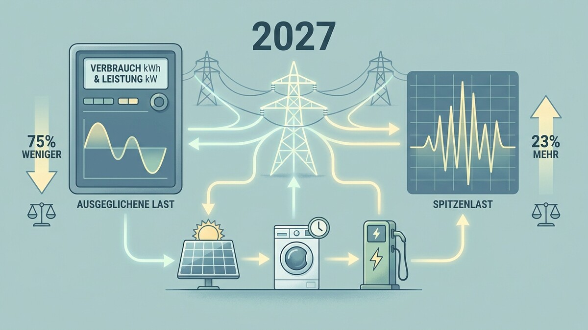 Stromnetz 2027: Ausgeglichene Last 75% weniger, Spitzenlast 23% mehr.