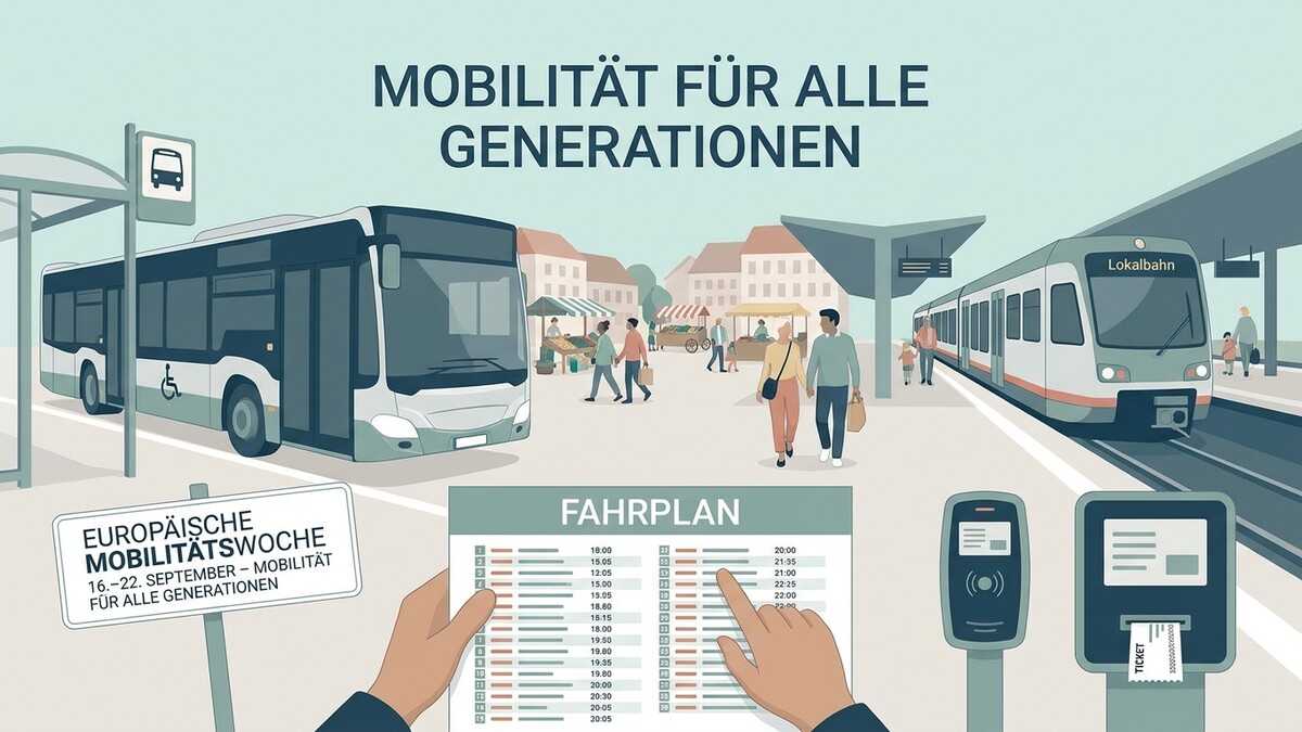 Österreichische Mobilitätswoche: Bus und Lokalbahn in einer Stadt mit Menschen und Fahrplan