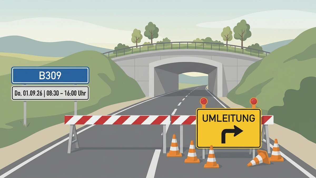 B309 Umleitung: Sperre am 01.09.26 von 08:30-16:00 Uhr unter Brücke