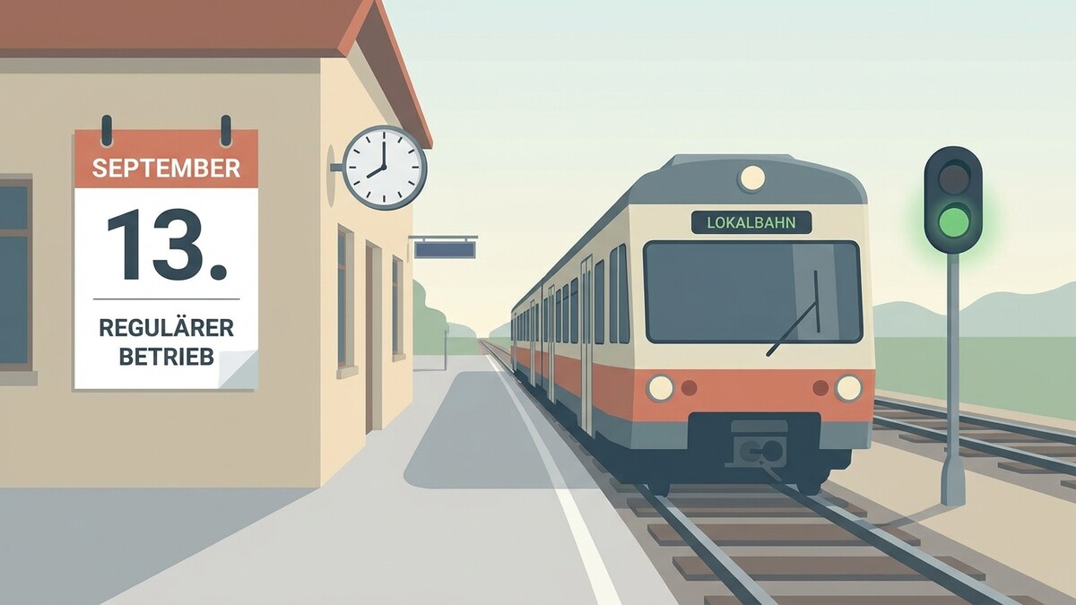 Lokalbahn-Zug am Bahnsteig mit Kalender 13. September, regulärer Betrieb