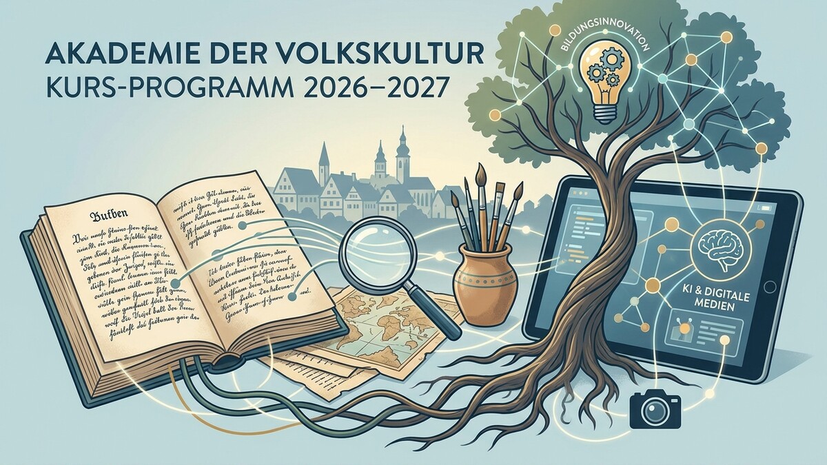 Akademie der Volkskultur Kurs-Programm 2026–2027, Buch, Lupe, Pinsel, Tablet, Kamera, Baum, Stadt