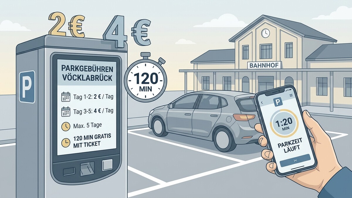 Parkgebühren Vöcklabruck: 2€/Tag (1-2), 4€/Tag (3-5), 120 Min gratis mit Ticket. Bahnhof.