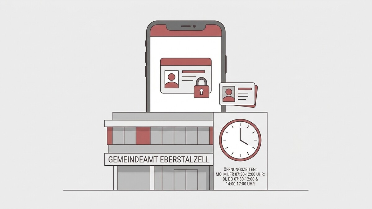 Gemeindeamt Eberstalzell mit Smartphone und Ausweisen, Uhr und Öffnungszeiten