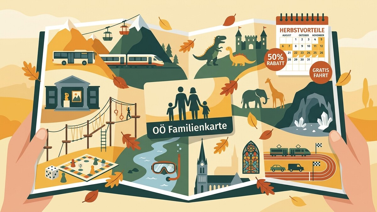 OÖ Familienkarte mit Herbstmotiven, Kalender, Rabatt und Gratis Fahrt.