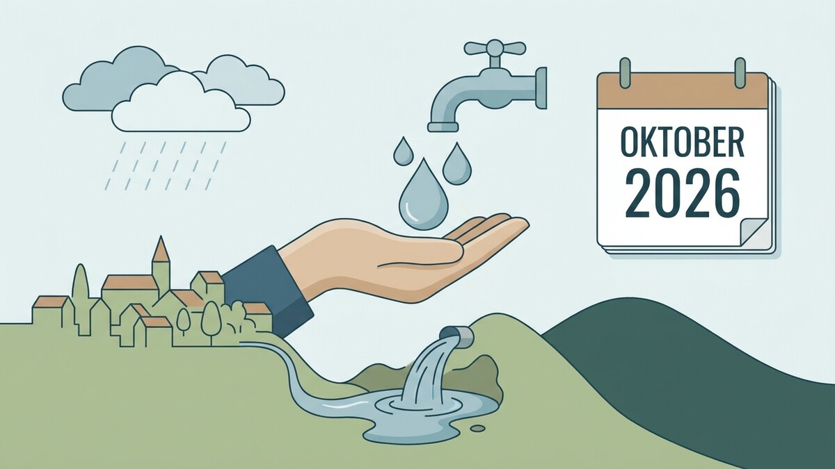 Wasserversorgung: Hand fängt Tropfen, Kalenderblatt Oktober 2026, Dorf