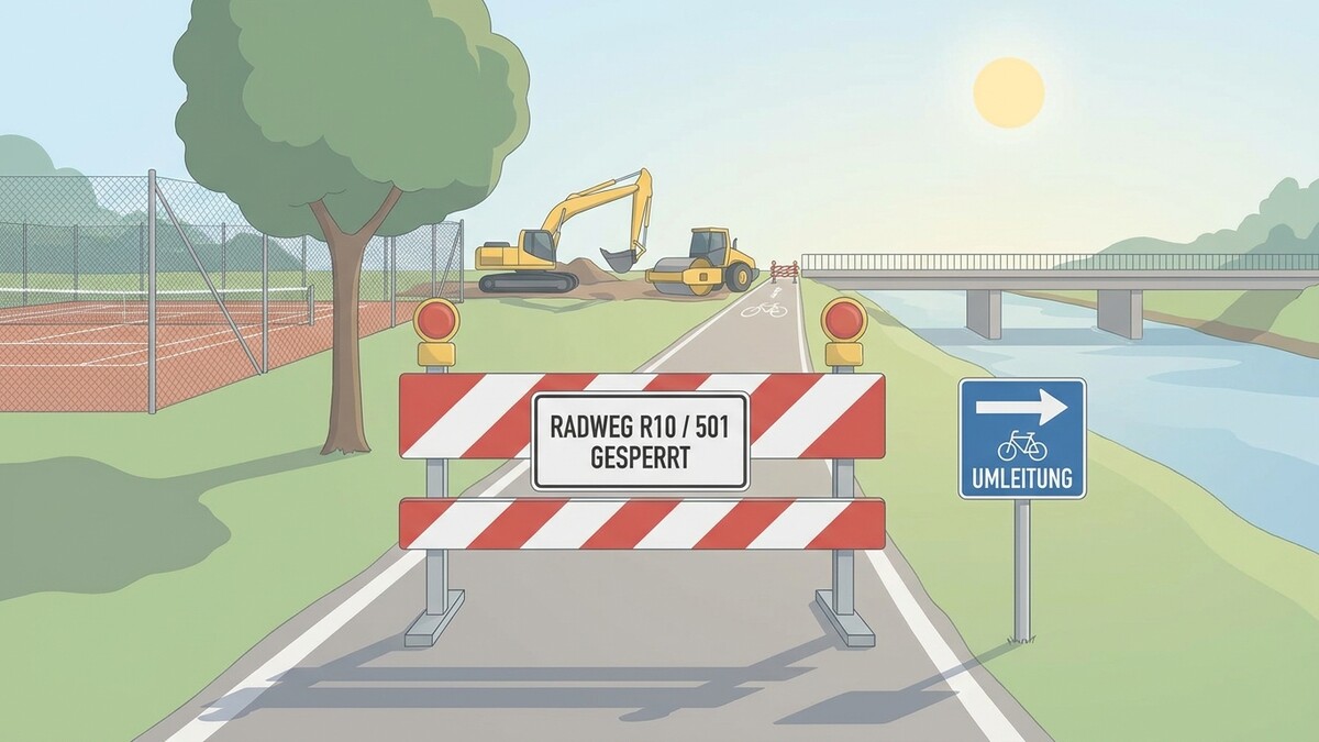 Radweg R10/501 gesperrt, Baustelle mit Bagger und Walze, Umleitung ausgeschildert.
