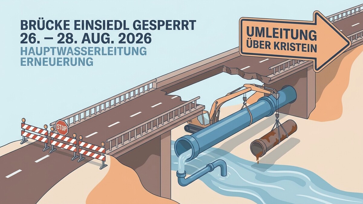 Brücke Einsiedl gesperrt wegen Hauptwasserleitungserneuerung, Umleitung über Kristein