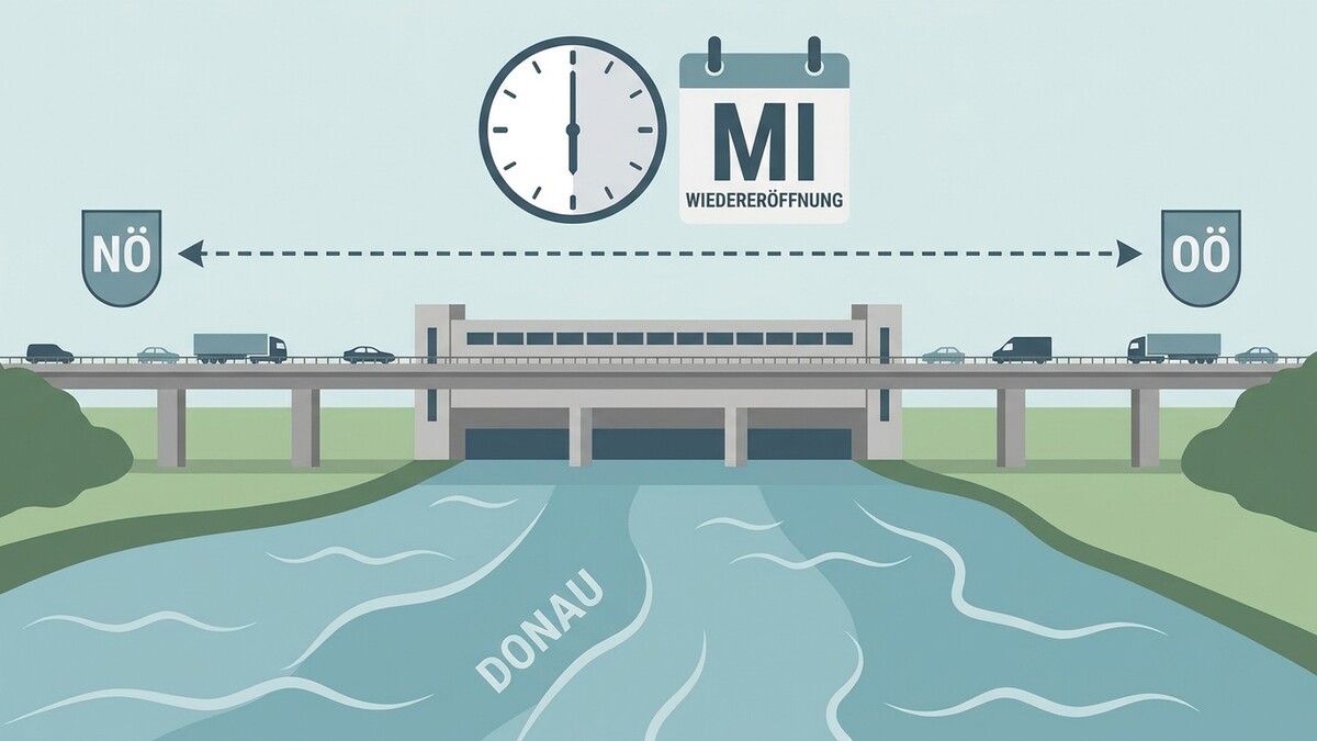 Donau-Brücke mit Verkehr und Kalender-Symbol für Wiedereröffnung am Mittwoch