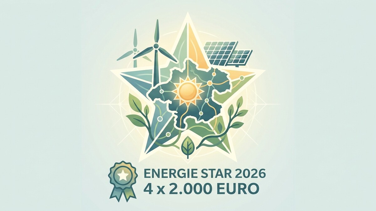 Energie STAR 2026 Auszeichnung mit Stern, Sonne, Windrädern und Solarpanels im Sternendesign.