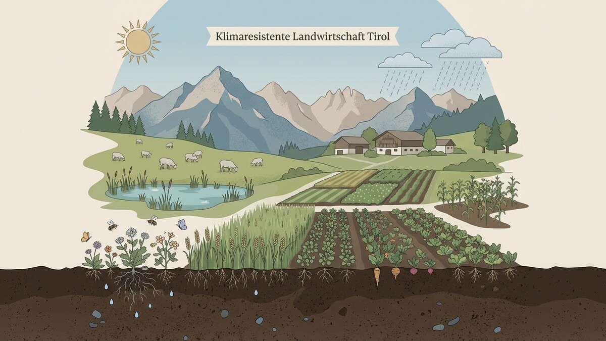 Klimaresistente Landwirtschaft Tirol: Berglandschaft mit Bauernhöfen, Schafen, Teich und diversen Feldfrüchten.