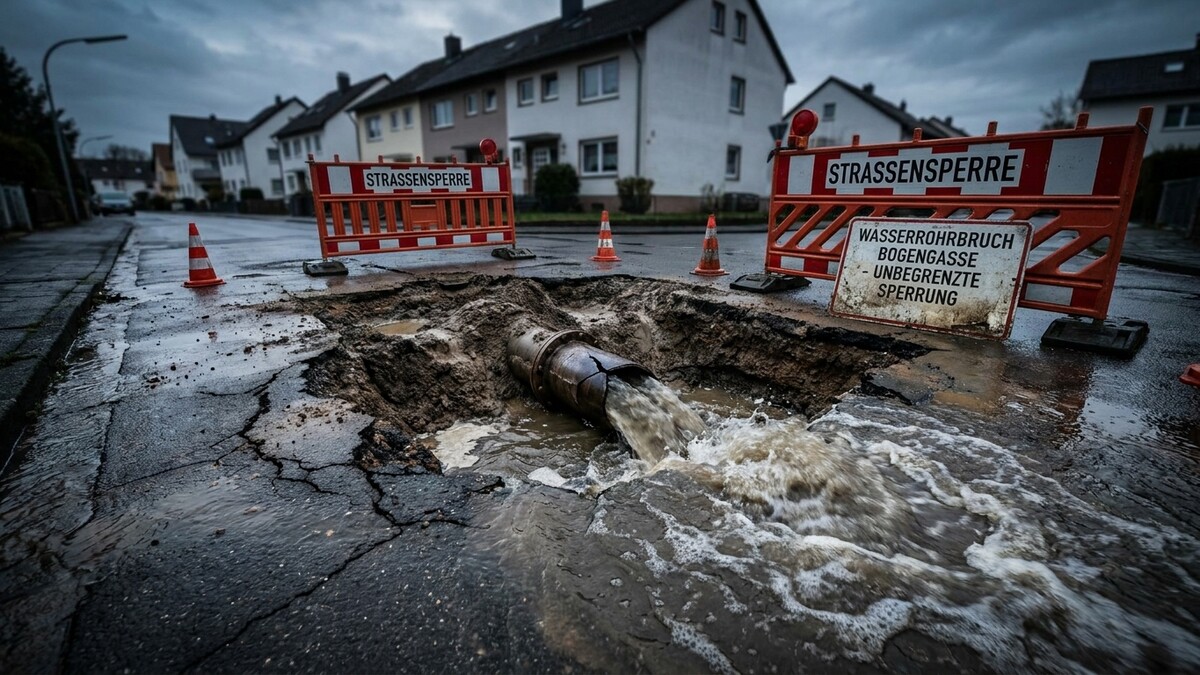 Wasserrohrbruch in der Bogenngasse: Ein beschädigtes Rohr überschwemmt die Straße.