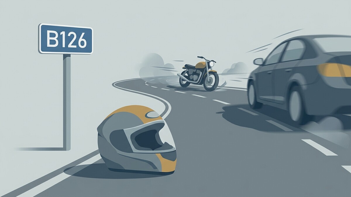 Motorradhelm auf der B126 mit Motorrad und Auto auf der Straße