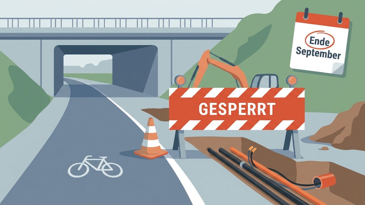 Baustelle mit Absperrung und Bagger unter Brücke, Ende September auf Kalenderblatt