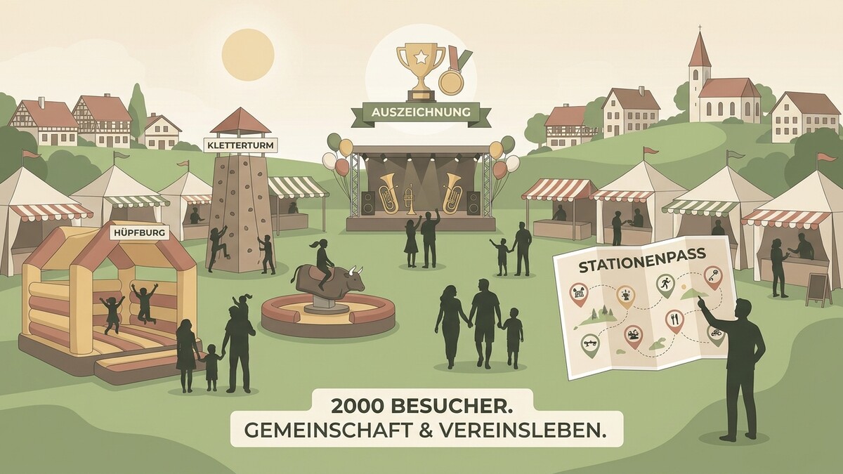Fest mit Hüpfburg, Kletterturm, Bühne und Ständen, Menschen genießen den Tag