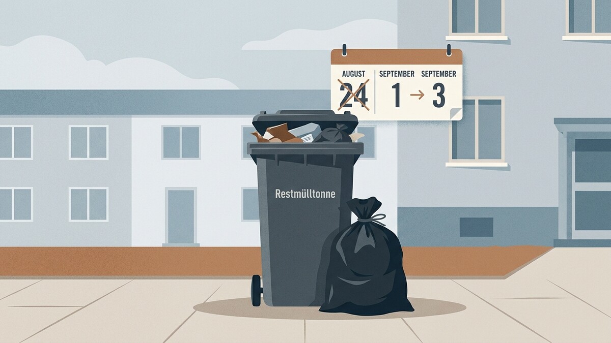 Restmülltonne und Müllsack vor einem Gebäude mit Kalender, der den 1. bis 3. September zeigt.