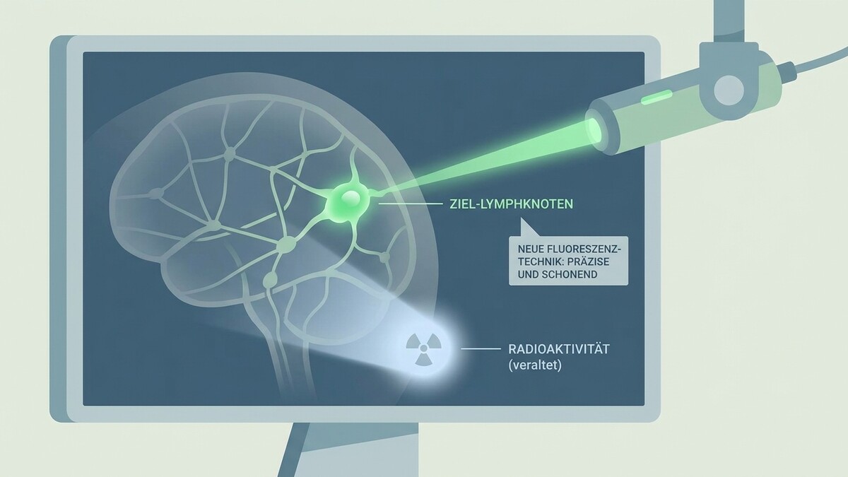 Gehirn mit Ziel-Lymphknoten, neue Fluoreszenztechnik präzise und schonend, Radioaktivität veraltet