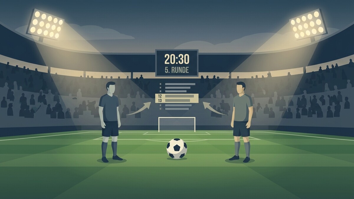 Fußballspiel in der 5. Runde mit zwei Spielern, Anzeigetafel und Tribüne