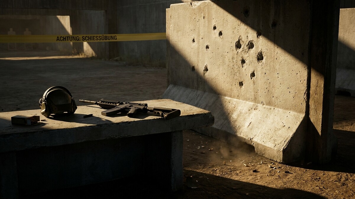 Schießübung: Gewehr, Gehörschutz und Munition auf einem Tisch, Schießstand mit Betonbarrieren und Einschusslöchern