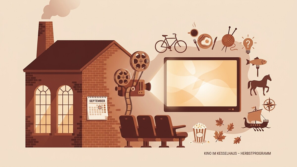 Kino im Kesselhaus: Herbstprogramm mit Filmprojektor, Leinwand, Kinosesseln und Symbolen