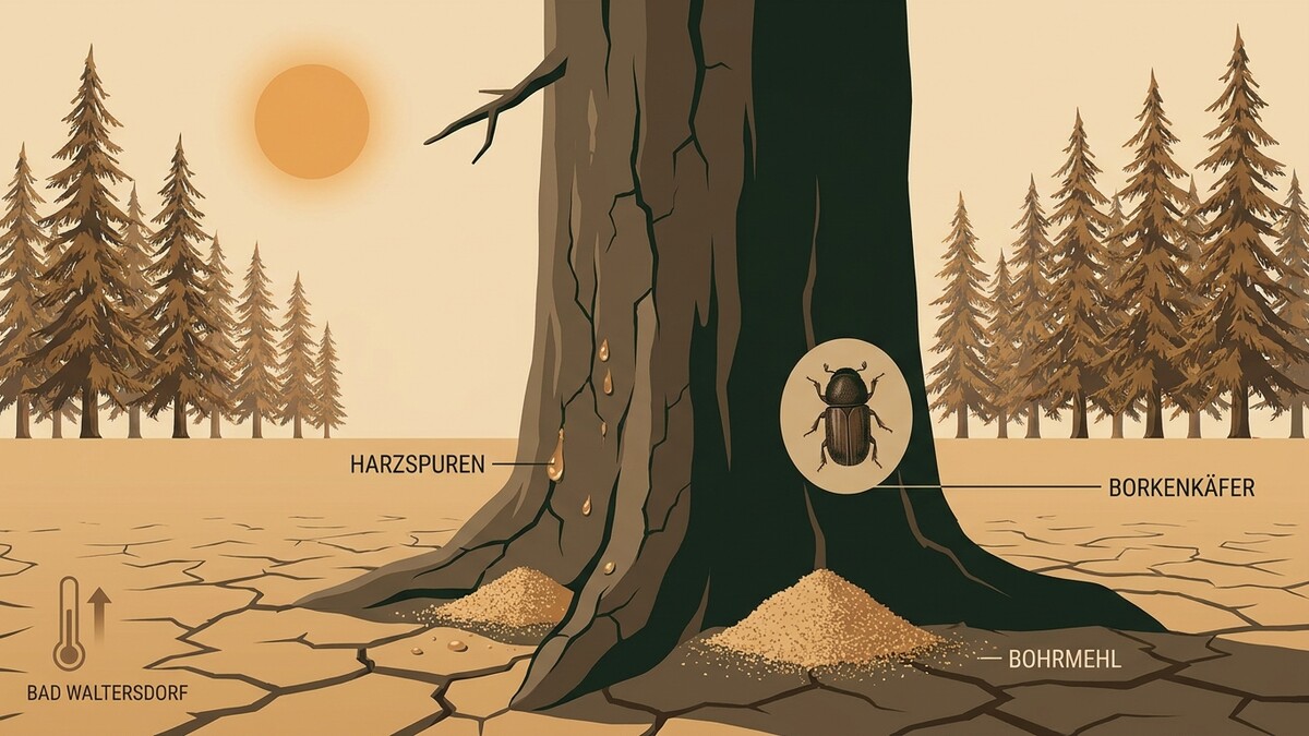 Borkenkäferbefall bei Bad Waltersdorf: Harzspuren, Bohrmehl und trockene Erde