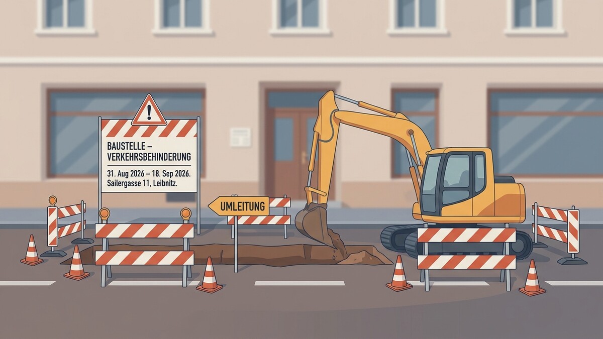Baustelle mit Bagger und Umleitungsschild in der Sailorngasse 11, Leibnitz