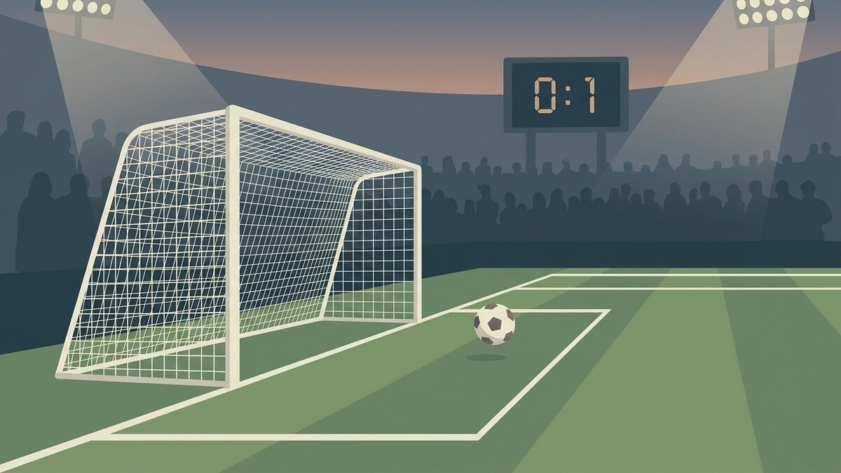 Fußballspiel im Stadion mit Tor, Ball und Anzeigetafel 0:1