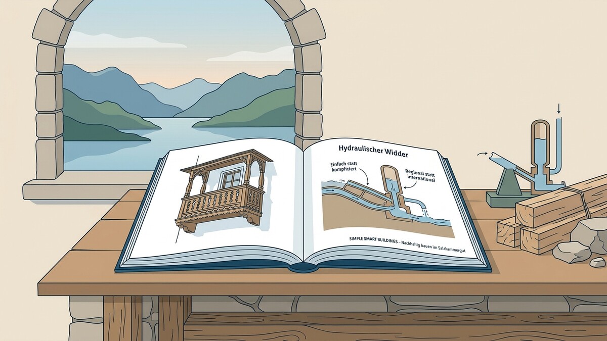 Hydraulischer Widder und Balkon im Buch auf Holztisch vor Bergsee