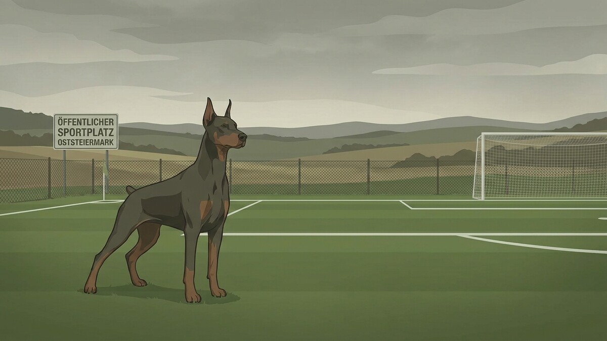 Dobermann auf Sportplatz Oststeiermark vor Fußballtor und Hügeln