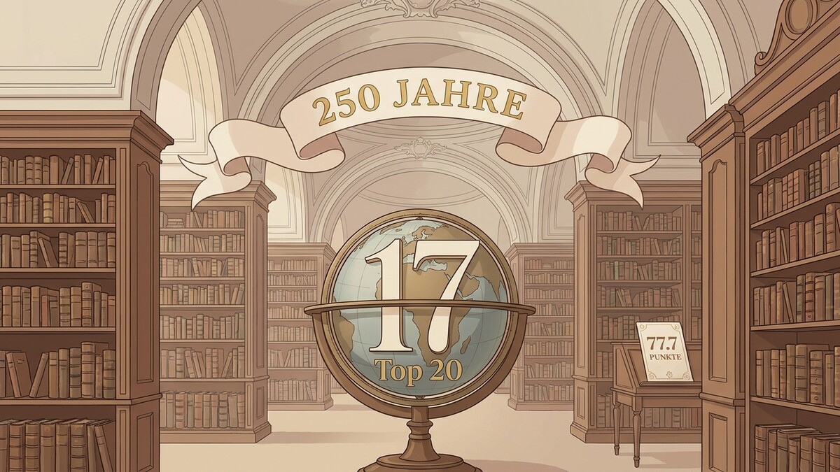 250 Jahre: Globus mit Nummer 17 und "Top 20" in einer Bibliothek