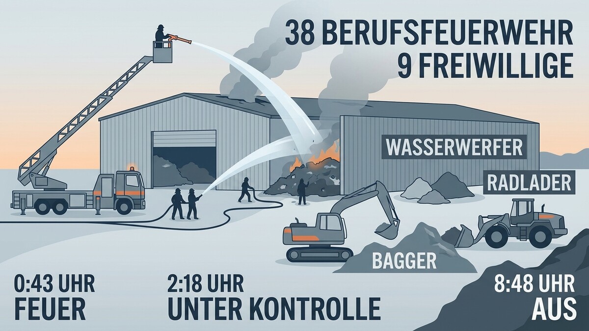 Feuerwehr löscht Brand mit 38 Berufsfeuerwehrleuten und 9 Freiwilligen, Einsatz von Wasserwerfer, Radlader und Bagger.