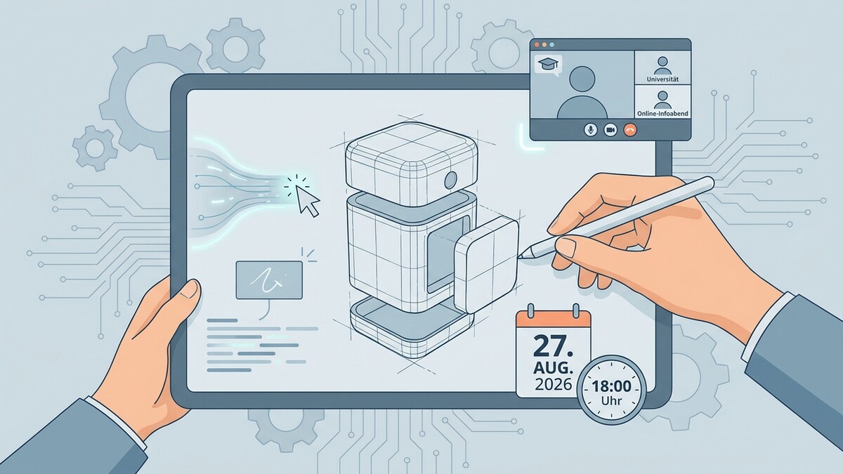 Digitalisierung: Hände bearbeiten 3D-Modell auf Tablet, Online-Uni-Event, Kalender