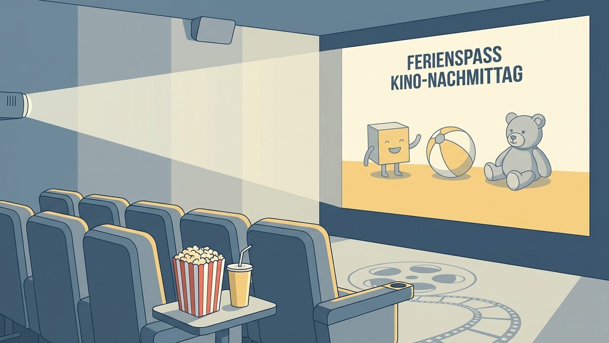 Kino-Nachmittag mit Ferienpass-Werbung auf Leinwand, Popcorn und Sessel