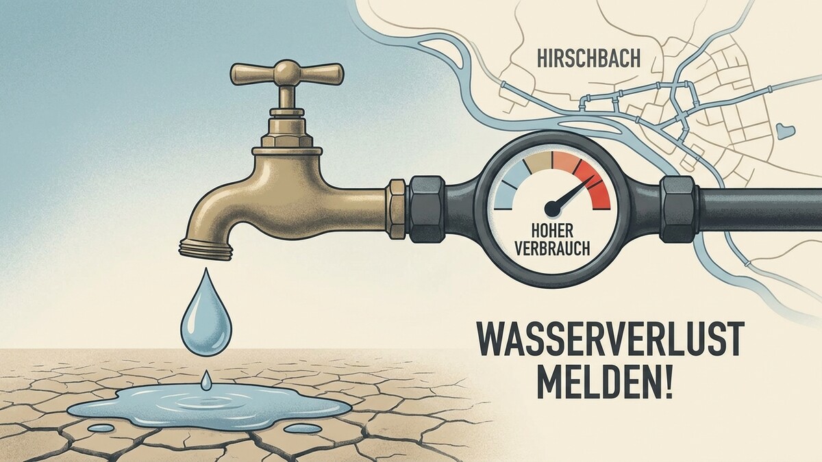 Wasserverbrauch Hirschbach: Wasserhahn tropft auf trockenen Boden, Manometer zeigt hohen Verbrauch