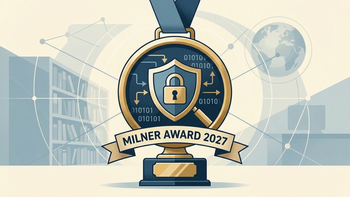 Milner Award 2027 Medaille mit Schloss-Symbol und Binärcode auf Hintergrund mit Weltkugel