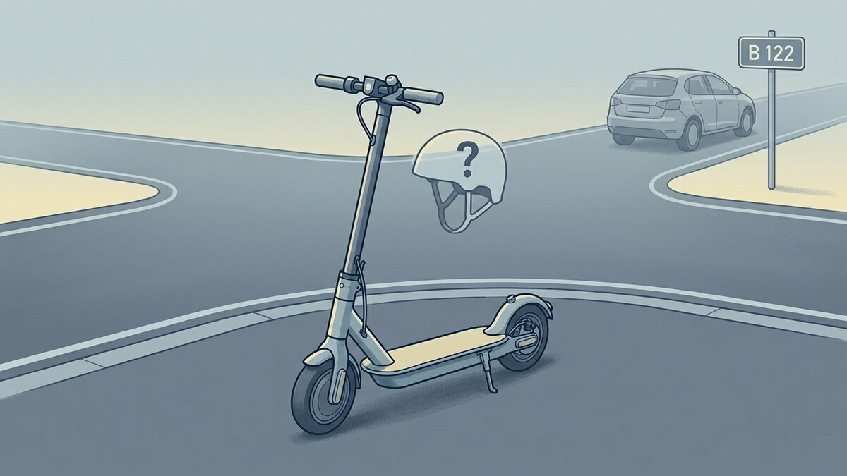 E-Scooter mit fragendem Helm an Kreuzung, Auto bei B 122