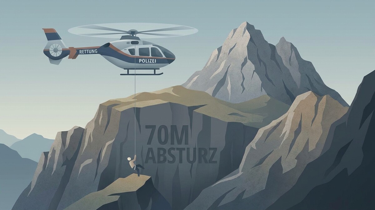 Polizei-Helikopter rettet Bergsteiger aus 70m Absturz in alpiner Berglandschaft