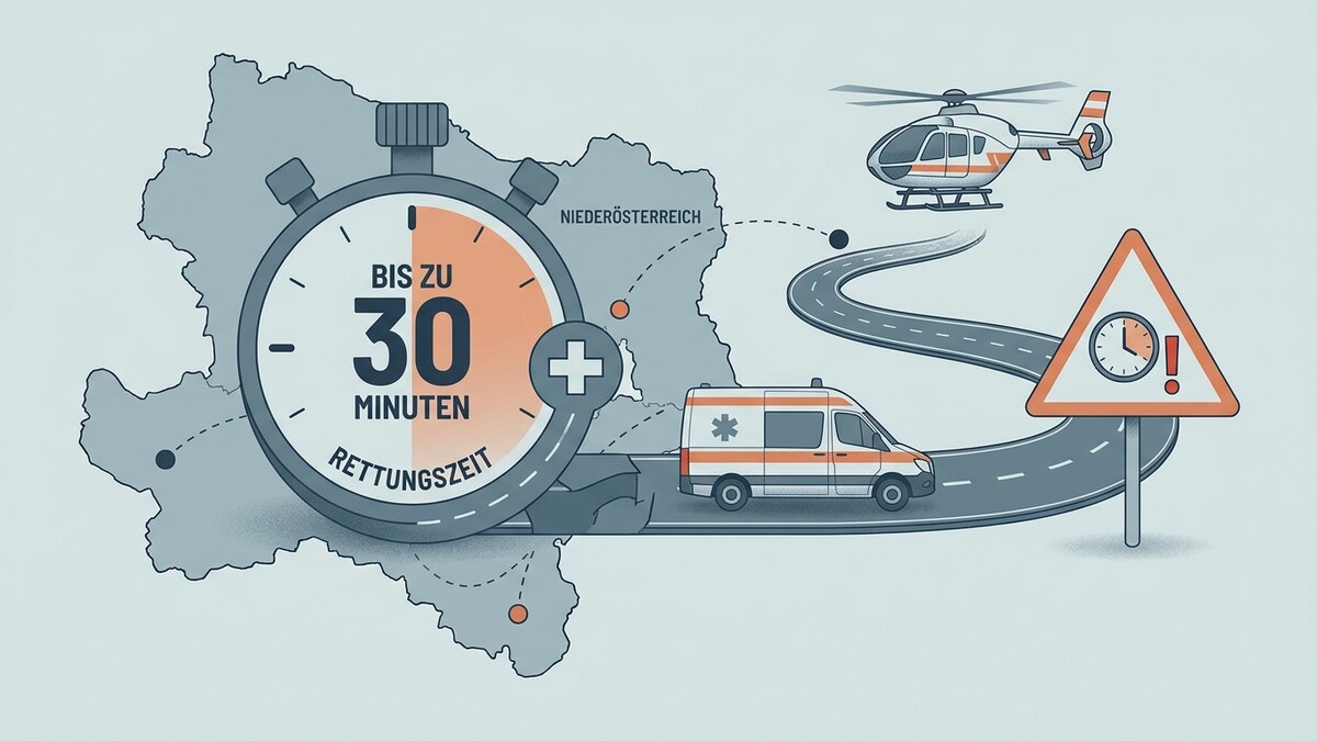 Rettungszeit Niederösterreich: Stoppuhr zeigt bis zu 30 Minuten, daneben Rettungshelikopter und -auto