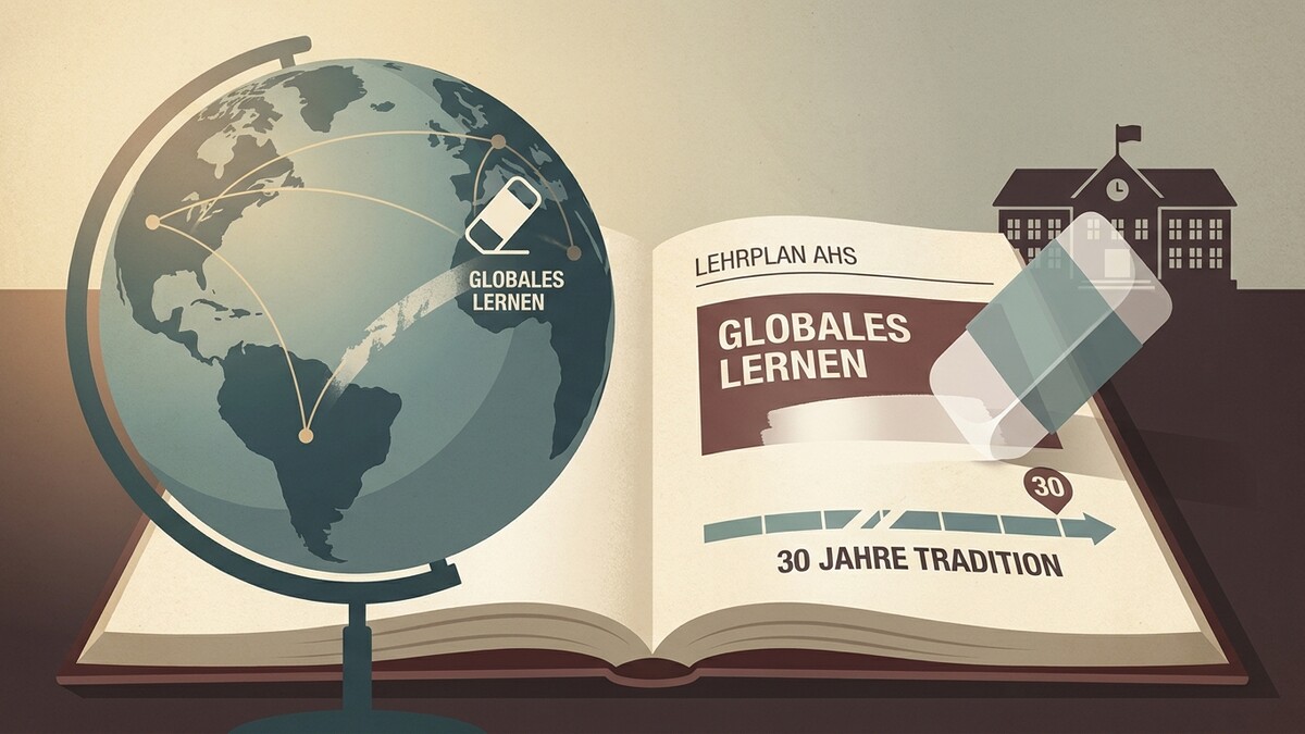 Globales Lernen wird auf einem Globus und in einem Lehrplan AHS mit einem Radiergummi gelöscht.