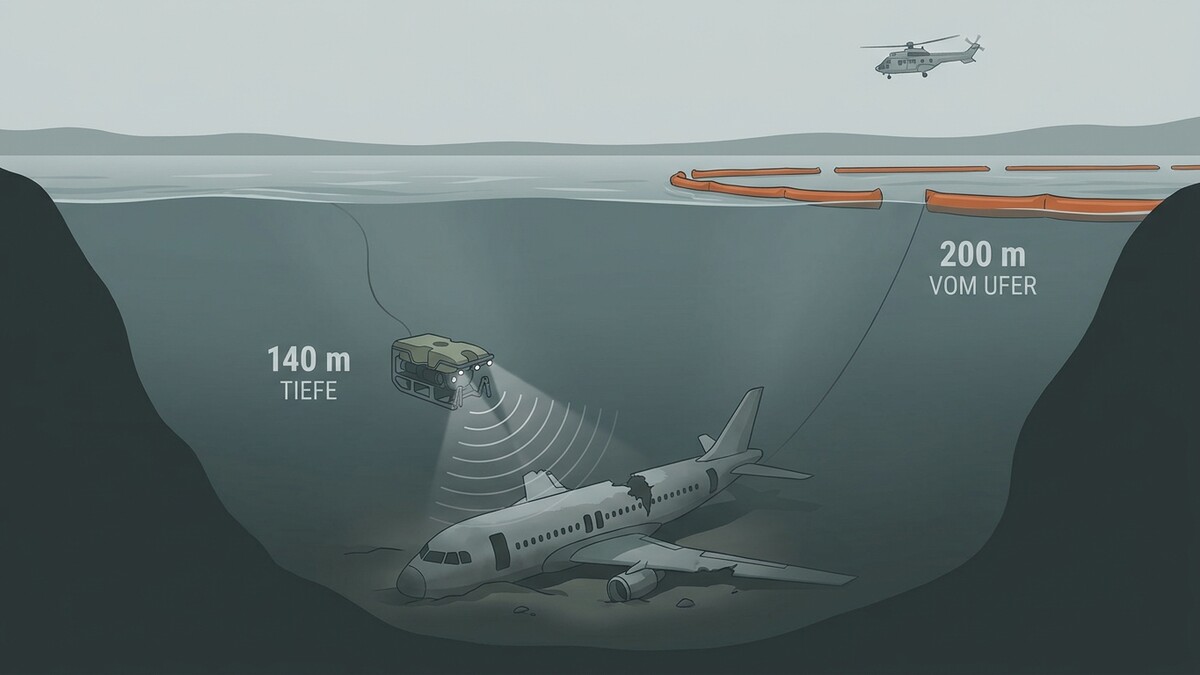 Flugzeugwrack am Meeresgrund, ROV untersucht es aus 140m Tiefe, Helikopter und Ölsperre über Wasser